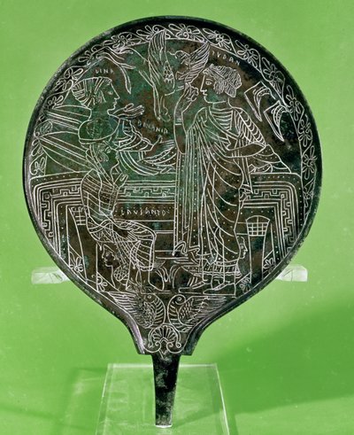 Spiegel, der Aphrodite zeigt, wie sie Helena überredet, Paris nach Troja zu folgen, aus Palestrina von Etruscan