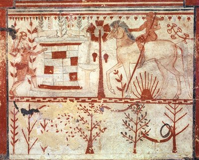 Der Hinterhalt des trojanischen Prinzen Troilus durch Achilles, aus dem Grab der Stiere (Tomba del Tori) ca. 540 v. Chr. von Etruscan