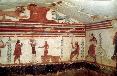 Der Verstorbene sitzt auf einem Hocker und besucht eine Show mit Jongleuren und Tänzern (Fresko, Detail) von Etruscan
