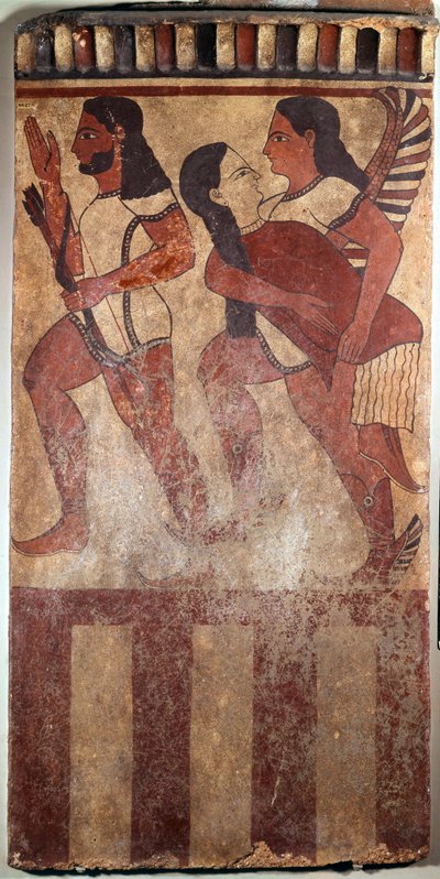 Etruskische Kunst: Bemalte Terrakottaplatte genannt Plaque Campana: ein Bogenschütze, ein geflügeltes Genie mit einer weiblichen Figur von Etruscan Etruscan