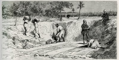 Ausgrabungen auf dem christlichen Friedhof von Lamta, mit beiden Missionsbeauftragten. Gravur von Eug. Girardet, zur Illustration der Geschichte "Die Reise nach Tunesien" von Rene Cagnat von Eugene Alexis Girardet