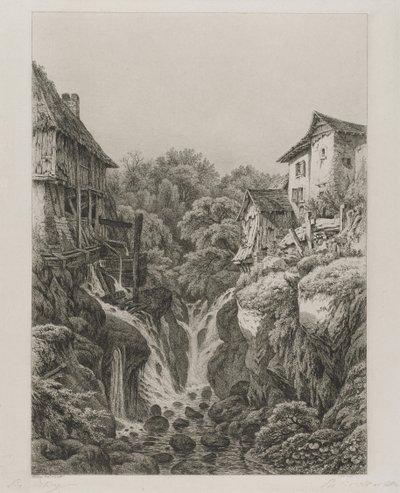 Die Mühle und der Wasserfall von Grésy bei Aix-les-Bains von Eugene Bléry