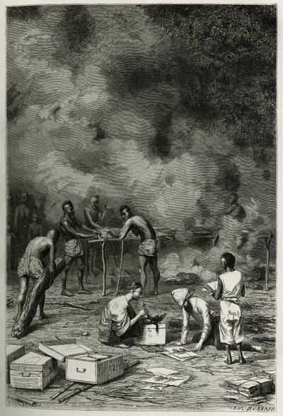 Das Trocknen von Herbariumpflanzen auf großen Bambusmatten, bevor der Arzt sie klassifiziert und in seinen Kisten aufbewahrt, Gravur von Eugene Burnand, zur Illustration der Geschichte von Laos und den wilden Bevölkerungen Indochinas von Dr. Harmand, im Ja von Eugene Burnand