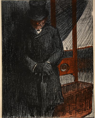 Ein Bestatter wartet auf sein nächstes Opfer an der Guillotine, Illustration aus 
