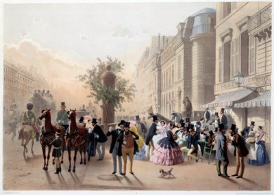 Boulevard des Italiens, Café Tortoni in Paris im 19. Jahrhundert. Gravur von Eugene Guerard von Eugene Charles Francois Guerard