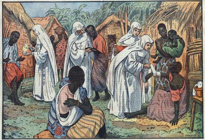 Über die Einweihung im Lateranpalast in Rom der Museen der Weißen Schwestern in einem Dorf in Äquatorialafrika, wo sie Katechismus lehren und Kranke pflegen. Illustration von Damblans. In „Le Pèlerin“ vom 29. Januar von Eugene Damblans