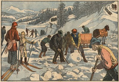 Alpine Bewohner sammeln im Winter Eisblöcke für den Sommer. Im Hintergrund üben Männer Wintersport. Illustration von Damblans. In „Le Pelerin“ vom 18. Dezember von Eugene Damblans