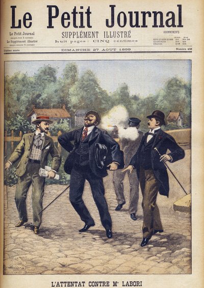 Attentat auf Fernand Labori, einen der Anwälte, die Alfred Dreyfus bei seinem zweiten Kriegsgericht in Rennes verteidigten. „Le Petit Journal“, August 1899 von Eugene Damblans