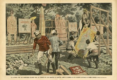 Illustration von Eugene Damblans (1865-1945) in Le Pelerin, 03/09/05 - Die Japaner machen gigantische Ansprüche für die Produkte ihrer Industrie entlang der Eisenbahnlinien mit Plakaten verschiedener Formen - Werbung, Japan, Eisenbahn Zug, Plakate von Eugene Damblans