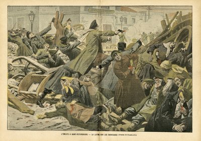 Illustration von Eugene Damblans (1865-1945) in Le Pelerin, 05/02/05 - Der Aufstand in Sankt Petersburg. Der Kampf auf den Barrikaden - Russland, Tote, Barrikaden, Aufstände, Sankt Petersburg, Revolution von 1905 - Arbeiter von Eugene Damblans