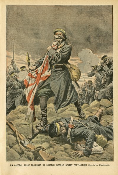 Illustration von Eugene Damblans (1865-1945) in Le Pelerin, 01/01/05 - Ein russischer Korporal zerreißt eine japanische Flagge vor Port Arthur - Russland, Japan, Port Arthur, Russisch-Japanischer Krieg, Kämpfe, Gewehre - Soldaten, Korporal von Eugene Damblans