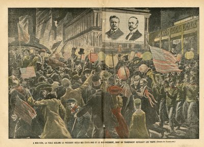 Illustration von Eugene Damblans (1865-1945) in Le Pelerin, 20/11/04 - In New York jubelt die Menge dem wiedergewählten Präsidenten der Vereinigten Staaten und dem Vizepräsidenten zu von Eugene Damblans