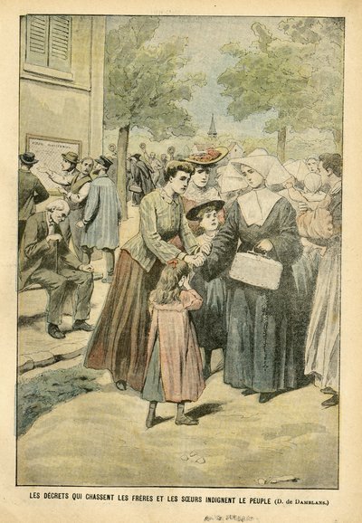 Illustration von Eugene Damblans (1865-1945) in Le Pelerin, 24/07/04 - Dekrete, die Brüder und Schwestern vertreiben, empören das Volk - Lehre, Religion, Glaube, Menge, Katholizismus - Trennung von Kirche und Staat, Vertreibungen von Religiösen, Lehre von Eugene Damblans