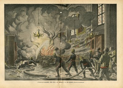 Illustration von Eugene Damblans (1865-1945) in Le Pelerin, 26/06/04 - Die Kirche von Suresnes, nahe Paris, wird von den Apachen niedergebrannt - Verschiedene Fakten, Religion Glaube, Unsicherheit, Kathedrale Kirchen, Feuer, Suresnes, Katholizismus - Apach von Eugene Damblans