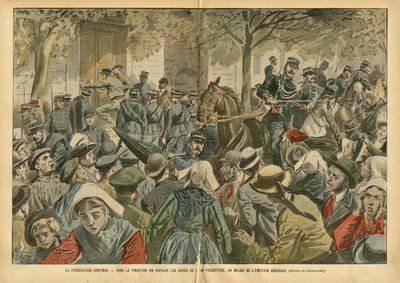 Illustration von Eugene Damblans (1865-1945) in Le Pelerin, 27/10/07 - Die Verfolgung geht weiter in Finistère, die Pfarrer werden aus ihrem Pfarrhaus vertrieben von Eugene Damblans