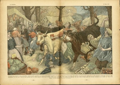 Illustration von Eugene Damblans (1865-1945) in Le Pelerin, 28/03/37 - Die große jährliche Messe von Lezay bei Niort - Verschiedene Fakten, Wirtschaft, Menge, Geschäfte, Landwirtschaft, Gemüse - Kuh, Rind, Wanderverkäufer von Eugene Damblans