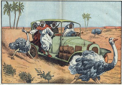Moderne Jagd: In der arabischen Wüste treiben wohlhabende Beduinen junge Österreicher zusammen, um sie lebend zu fangen. Illustration von Damblans. In „Le Pèlerin“ vom 16. April von Eugene Damblans