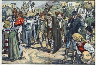 Räuber von der italienischen faschistischen Polizei verhaftet. Sizilien, Italien. Illustration von Damblans. In „Le Pèlerin“ vom 14. Februar von Eugene Damblans