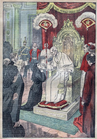 Die heilige Therese vom Kinde Jesus (oder Lisieux 1873-1897) noch als junges Mädchen zu Füßen von Papst Leo XIII., sie erhielt die Erlaubnis, mit fünfzehn Jahren 1888 in den Karmel einzutreten - Illustration von Damblans von 1923 von Eugene Damblans