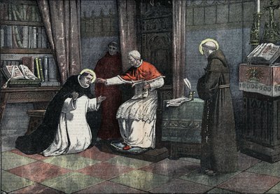 Der Streit um das Heilige Sakrament: Heiliger Thomas von Aquin, Papst Urban IV. und Heiliger Bonaventura. Papst Urban IV., der das Fest Gottes einführte, genehmigt das Offizium des Heiligen Sakraments. von Eugene Damblans