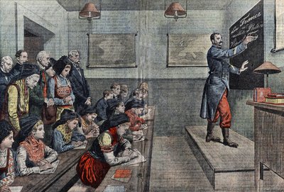 Die erste Klasse in Französisch im zurückeroberten Elsass. Illustration von Damblans. In „Le Pelerin“ von 1914 von Eugene Damblans