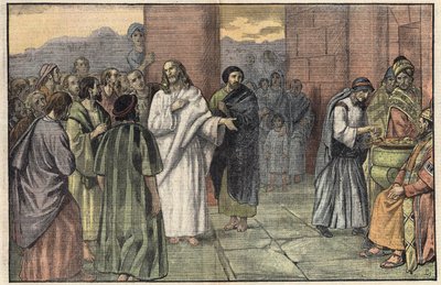 Das Opfer der Witwe. Evangelium nach Markus, Kapitel 12, V. 41-44. Illustration von Damblans. In „Le Pelerin“ vom 28. Juni von Eugene Damblans