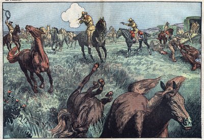 Wilde Pferde werden in den Vereinigten Staaten geschlachtet. Illustration von Damblans. In „Le Pelerin“ vom 31. Januar. von Eugene Damblans