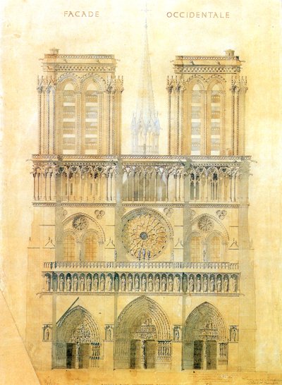 Projekt zur Restaurierung der Westfassade der Kathedrale Notre Dame in Paris mit Rekonstruktion des Turms am Kreuzungspunkt, 1843 von Eugene Emmanuel Viollet le Duc