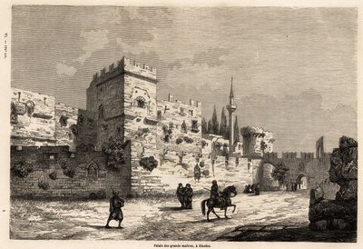 Der Palast der Großmeister in Rhodos, Zeichnung von Eugene Flandin, zur Illustration seiner Reise zur Insel Rhodos im Jahr 1844. Gravur in „Le tour du monde“, herausgegeben von Edouard Charton von Eugene Flandin