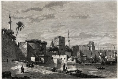Die Ansicht des Hafens von Rhodos und das Tor von Aubusson, Zeichnung von Eugene Flandin, zur Illustration seiner Reise zur Insel Rhodos im Jahr 1844. Gravur in „Le tour du monde“, herausgegeben von Edouard Charton von Eugene Flandin
