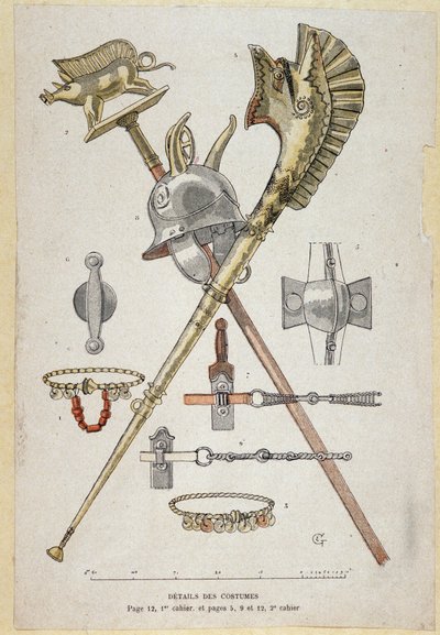 Zubehör des gallischen Kriegers: Banner, das einen Saglier schmückt, der Helm und das Kriegshorn (Carnyx) - in „Illustrierte Lehrhefte, Kriegskostüme der Bronzezeit und der gallischen Zeit“, ed. Grasset von Eugene Grasset