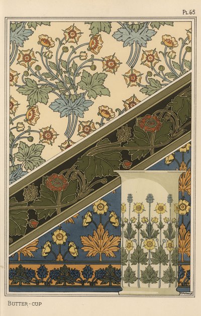 Butterblume in Jugendstilmustern für Tapeten und eine Vase von Eugene Grasset