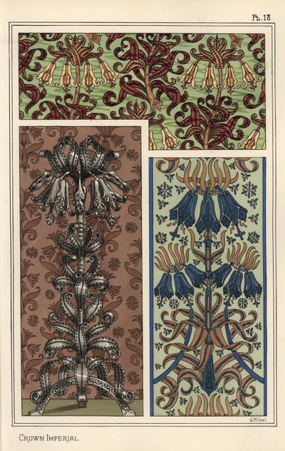 Kaiserkrone, Fritillaria imperialis, in Tapeten- und Stoffmustern und als Design für ein Stahlkunstobjekt von Eugene Grasset