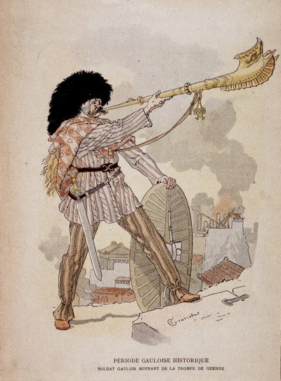 Gallischer Soldat, der das Kriegshorn (Carnyx) bläst - in „Illustrierte Lehrhefte, Kriegskostüme der Bronzezeit und der gallischen Zeit“, ed. Grasset von Eugene Grasset