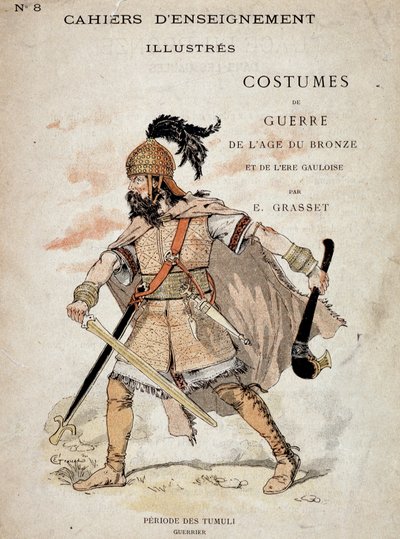 Gallischer Krieger der Tumuli-Periode - in „Illustrierte Lehrhefte, Kriegskostüme der Bronzezeit und der gallischen Zeit“, hrsg. Grasset. Illustration von Eugene Samuel Grasset (1841-1917) von Eugene Grasset