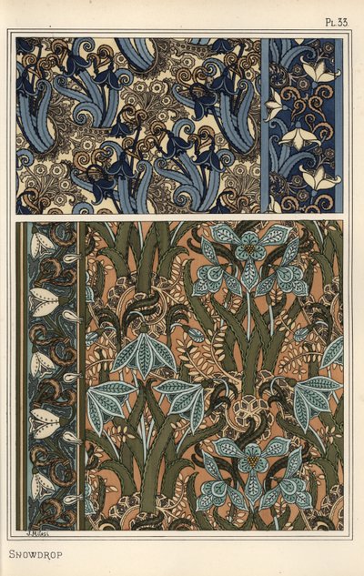 Schneeglöckchen, Galanthus nivalis, als Designmotiv in Tapeten, Rändern und Stoffen von Eugene Grasset