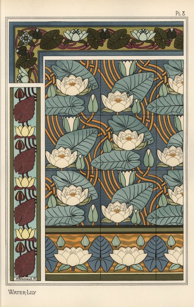 Die Seerose, Nelumbo lutea, in Tapeten- und Fliesenmustern von Eugene Grasset