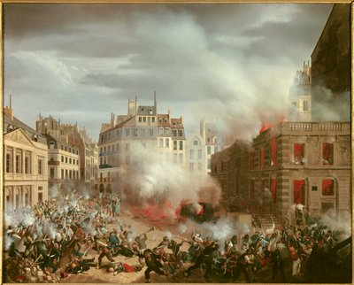 Revolution von 1848: „Brand des Wasserturms am Platz des Königspalastes am 24. Februar 1848“. Gemälde von Eugene Hagnauer von Eugene Hagnauer