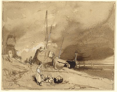 Strandrand (Fischerboote am Strand, Sturmwolken in der Ferne) von Eugene Isabey