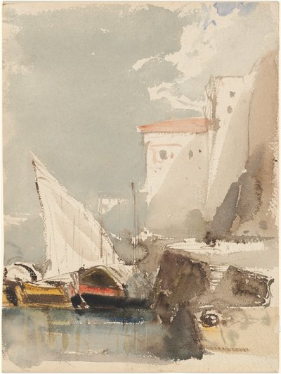 Segelboote in einem sonnenbeschienenen Hafen (recto) von Eugene Isabey