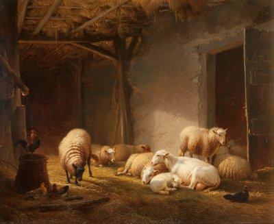 Eine sonnenbeschienene Scheune mit Mutterschafen, Lämmern und Hühnern von Eugene Joseph Verboeckhoven
