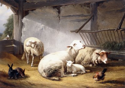 Schafe, Kaninchen und ein Huhn in einer Scheune von Eugene Joseph Verboeckhoven