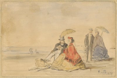 Ein Paar sitzt und ein Paar geht am Strand spazieren von Eugene Louis Boudin