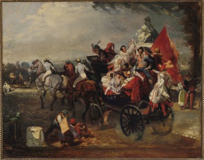 Kutsche mit Männern und Frauen in Kostümen auf den Champs-Elysees, 1834 von Eugene Louis Lami
