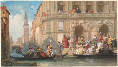 Maskierte, die Gondeln vor einem venezianischen Palazzo besteigen von Eugene Louis Lami