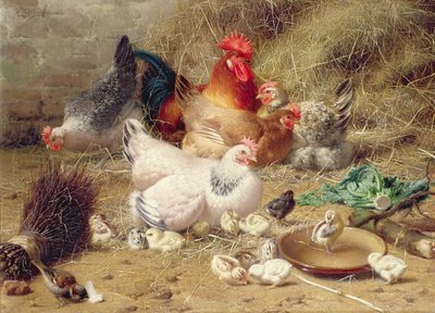 Hühner, die mit ihren Küken schlafen von Eugene Remy Maes