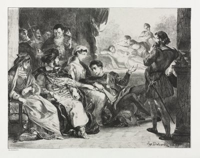 Hamlet: Hamlet befiehlt den Schauspielern, eine Szene aus der Vergiftung seines Vaters zu spielen von Eugène Delacroix