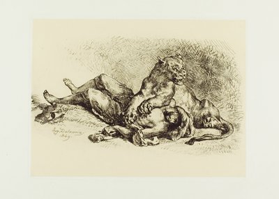Löwin reißt an der Brust eines Arabers von Eugène Delacroix