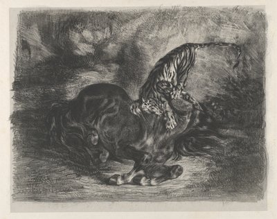 Wildes Pferd von einem Tiger gefällt, 1828 von Eugène Delacroix