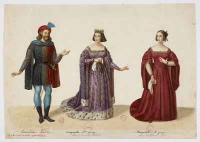 Kostüme - Frederic Lemaitre als Buridan, Mlle George als Marguerite de Bourgogne (La Tour de Nesle, September 1832) von Eugène Du Faget
